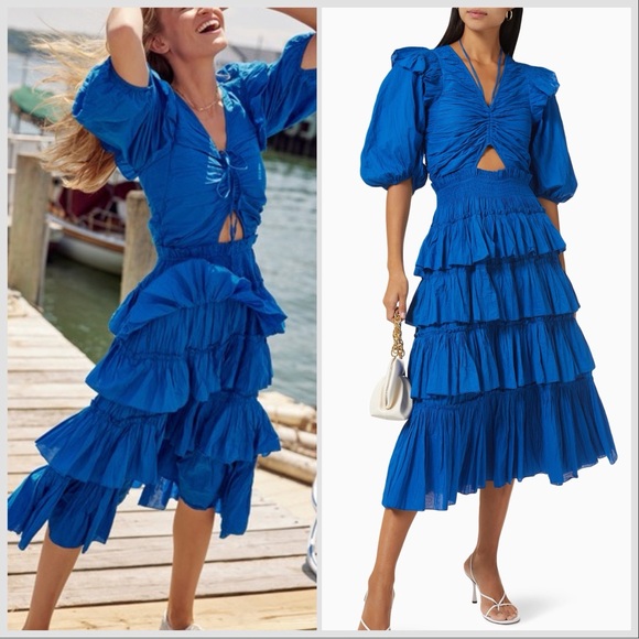 Sea New York Aqua Royal Blue Paco Solid Puff Sleeve Tiered Dress Sz L